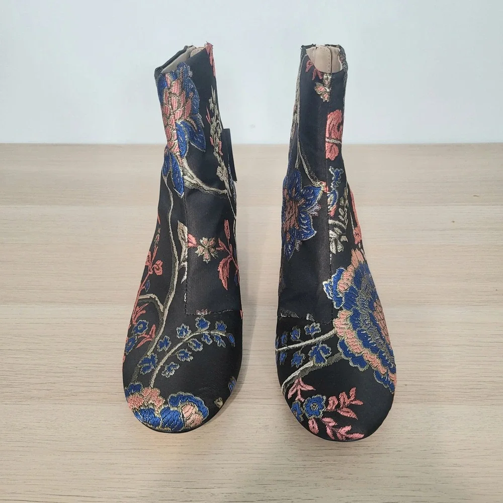 Zara Floral Jacquard Ankle Boots Black Blue Red Satin Statement Booties Heels 8